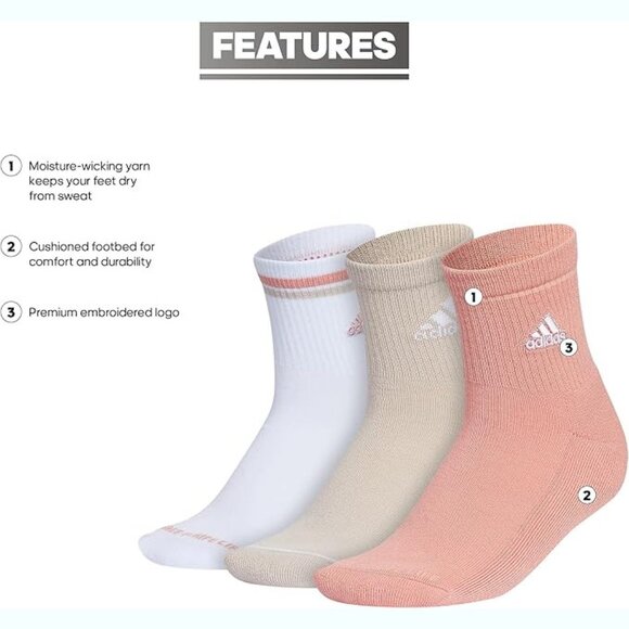 NEW adidas Women's Cushioned Sport High Quarter Socks (3-Pair) Crew Socks - Picture 2 of 5